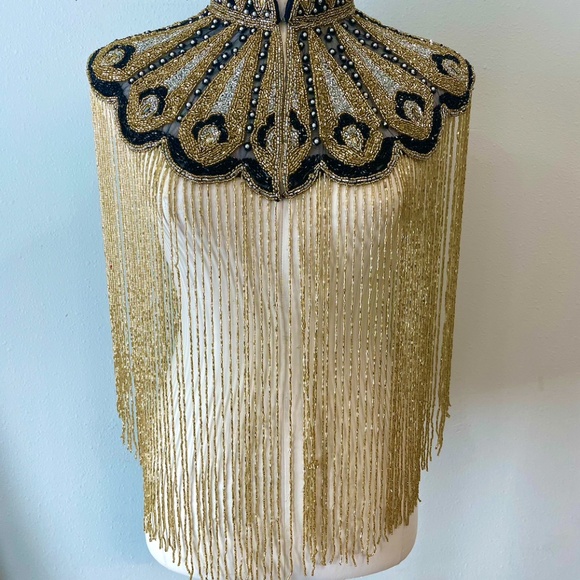Gold Peacock Design Hand Beaded Fringe Cape - Picture 2 of 6